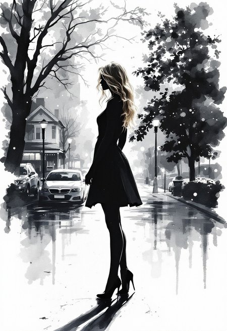 silhouette of a blonde woman in heels, white background watercolor, gray cityscape, house, tree, lights, transparency, air, blurred, white edges, matte, minimalism, sketch