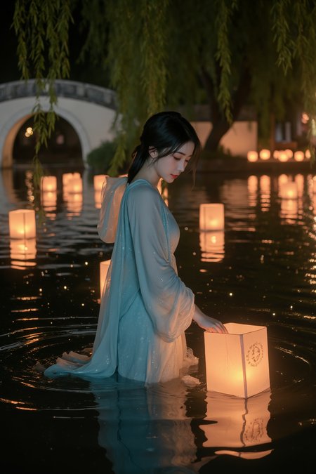 <lora:ãéº¦æ©éè¡£ãMajicflus:0.7>, qingyi, The tranquil lake at night is illuminated by the soft, ethereal glow of stationary lanterns. A young woman stands waist-deep in the water, her short, cyan translucent hanfu soaked and clinging to her body. The delicate fabric accentuates the fullness of her chest, her skin shimmering with a blend of warm lantern light and the waterâs reflective sheen. She gazes downward, her focus drawn to her reflection in the rippling surface, surrounded by gentle waves that mirror the myriad red glows of lanterns. The lake sparkles like scattered stars, adding a layer of mystery to the scene. In the background, an ancient stone bridge and hanging willow branches frame the composition, while motionless lanterns float serenely on the water, casting an otherworldly glow over the setting.âââ