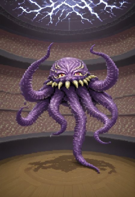 c64style, masterpiece,ultros, monster, solo, no humans, dancing on stage, lightning and fire,