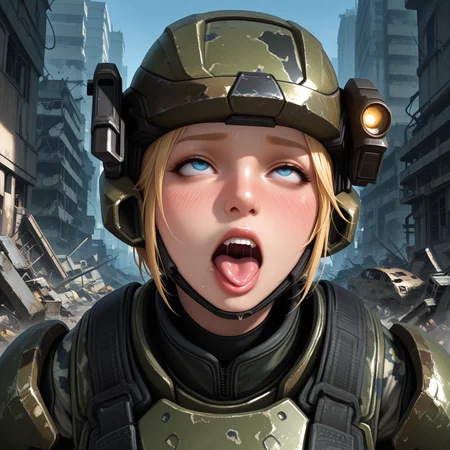 Masterpiece, high-res, 2k, best quality, 2.5d, realistic, 1 girl ,  fem marine, helmet, headlight , armor, blonde hair, blue eyes , realistic, military, gray camouflage, black balaclava,  face cover , scifi , medium shot, in a destroyed city<lora:fem_marine_illus-000049:1>  HDA_AhegaoXL