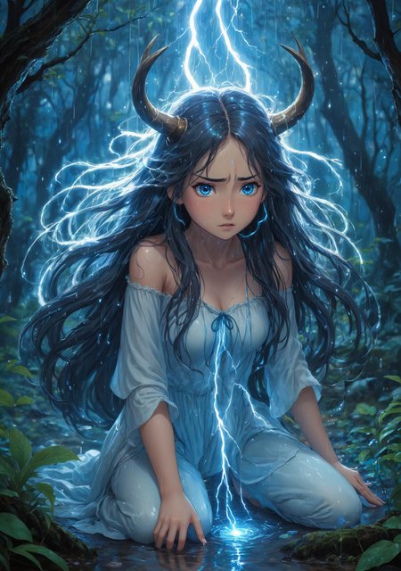 2D anime style, inspired by Studio Ghibli, ethereal young woman with long flowing hair,  tears flowing, hair flowing over,  kneeling in a magical forest during a thunderstorm, surrounded by glowing blue energy. She has expressive, teary eyes filled with sorrow and determination. Her delicate, glowing horns crackle with electricity, reflecting her inner turmoil. The detailed background features lush, mystical plants and softly glowing lights, with raindrops creating ripples in the puddles around her. The atmosphere is serene yet tense, capturing the emotional moment of her awakening to newfound powers, feeling both fear and empowerment. High detail and complexity