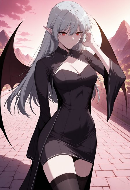 masterpiece,best quality,1girl,red eyes,devil_eyes,long hair,grey hair,hair between eyes,pointy ears,flowing hair,medium breast,cleavage,VampireDZ1,black dress,pencil dress,high collar,collared dress,cut-out dress,open back,white trim,black robe,long sleeves,flowing sleeves,flared cuffs,bat wings,demon wings,red lining,thigh-highs,garter straps,1girl, solo, masterpiece, newest, absurdres, best quality, amazing quality, very aesthetic, ultra-detailed, highly detailed, anime-style, detailed background, vibrant colors, delicate, dreamy, cinematic lighting,volumetric lighting,ray tracing, dramatic shadows,dappled light, clouds, outdoors, mountain stream, cobblestone road, walking, arm behind back, tucking hair,,
anime screencap,anime coloring,<lora:AliceF7:1>,<lora:anime_screencap-IllustriousV2:0.7>,