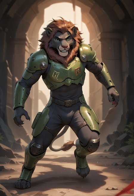 score_9, score_8_up, score_7_up,
1boy, solo, torso view,<lora:Anthro_Lionlioness_PONY_XL:1>,
(anthro lion:1.2),  lion male, black fur, fangs, claws, wearing green sci-fi armor, green Metroid armor, black fur, brown mane,  <lora:Furry_Lora_Panther:0.8>((masterpiece)), ((best quality)), (detailed), cinematic, dynamic lighting, soft shadow, inside a dark cave, , highly detailed, dark environment,, dynamic pose, running, dodging laser fire, blood on armor, dynamic views, dutch angle,