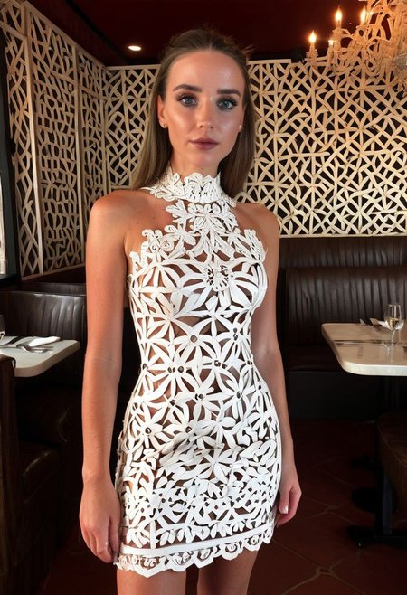 8k, RAW photo, highest quality), beautiful (white skin woman),  , mini dress, (detailed eyes:0., (looking at the camera:1.4), (high-resolution image), (best shadow) , skin textures, intricate details, interior sit in restaurant