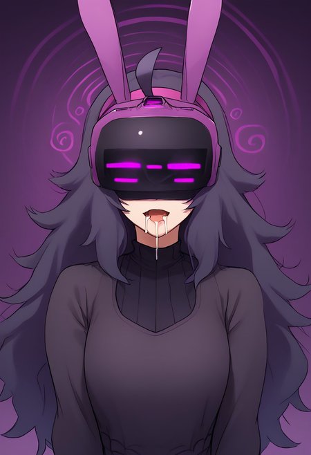 high quality, good quality, perfect quality, amazing quality, high res, masterpiece, score_9, score_8_up, score_7_up, source_anime, best quality, hex maniac, hairband, messy hair, purple hair, purple hairband, black dress, dress, long dress, long sleeves, juliet sleeves, zkovisor, hypnotic visor, helmet, rabbit ears, :), mind control, hypnosis, saliva, drooling, spiral, eyes covered
