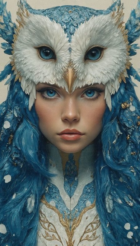This is a highly detailed digital illustration featuring a close-up portrait of a young woman with a mystical, otherworldly appearance. Her skin is pale with a rosy blush, and she has striking blue eyes that are wide and expressive. Her face is adorned with a large, intricate owl mask that covers her forehead and nose, with large, detailed eyes and a textured, feathery appearance. The mask is predominantly white with shades of blue and gold, blending seamlessly with her long, flowing hair which is a mix of blue and white, resembling feathers.

The woman's hair is styled in a way that mimics the feathers of an owl, with a few golden accents scattered throughout. Her lips are full and slightly parted, adding a touch of vulnerability to her otherwise enigmatic expression. She wears a high-collared, ornate garment that is predominantly white with blue and gold accents, resembling armor or a fantasy costume. The fabric is intricately detailed with patterns and textures that enhance the fantastical nature of the piece. The background is a soft, off-white color, allowing the focus to remain on the woman's face and the intricate details of her mask and attire. The overall style is a blend of realism and fantasy, with a focus on texture and detailed craftsmanship.