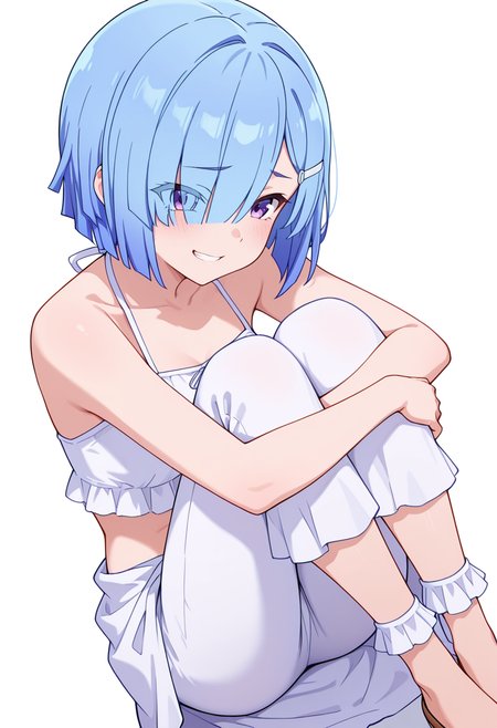 masterpiece,high quality details, absurdres,
 <lora:Imose_Mimika:0.8>
mimika_cnr, 1girl, blue hair, short hair, hair over one eye, purple eyes,eyes visible through hair,hairclip,, simple background, white background, dutch angle,solo,, sad smile,clenched teeth,, seated with legs folded under,standing pose,elegant silhouette,, girdle,sarong,pants,,frilled legwear,