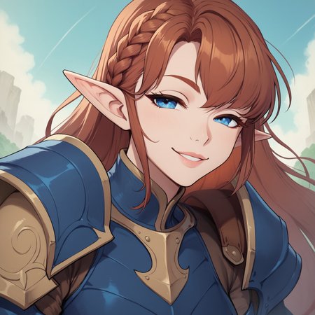 beautiful, high quality, upper Body, score_9, score_8_up, score_7_up, Elf, pointed ears, small ears, auburn hair, hair braid, wide hips, curvy, 1girl, blue eyes, looking at the viewer, dynamic pose, blurred background, smile, (blue armor:1.2), massive armor, narrowed eyes, helmet, lips closed,