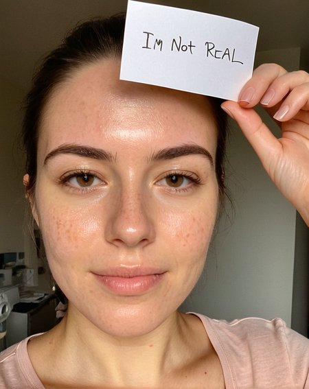 phone camera photo of a plain 30yo woman holding a pice of paper with handwritten text '' i'm not real'' detailed skin texture, (blush:0.2), (goosebumps:0.3), subsurface scattering, highly detailed skin, skin inperfections,  mole, dirty skin, sweat, scar, acne