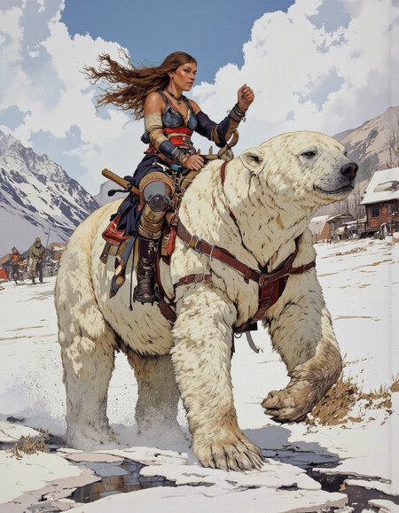 By Phandigrams. 
A painting of a woman warrior riding a polar bear.