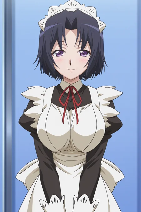 masterpiece, best quality, absurdres, highres, source anime, very aesthetic, very awa, BREAK, anime coloring, anime screencap,
<lora:swing_out_sisters_v1-illustrious_r1:1>, 1girl, chiyo \(swing out sisters\), purple eyes, black hair, short hair, large breasts,
BREAK, looking at viewer, smile,
BREAK,   maid, maid headdress, apron,