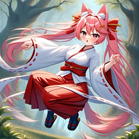 Aomokoka Style,nochekaisershot,
1girl,japanese clothes, hairclip, wide sleeves, ribbon trim, long sleeves, hakama skirt, miko, sleeves past wrists, red hakama, white kimono, tabi, ribbon-trimmed sleeves, pinching sleeves,yuika3,cat ears,Expressiveh,nochekaisershot,pink hair,solo,pink eyes,dyanamic pose,multiple random pose,standing,sitting
