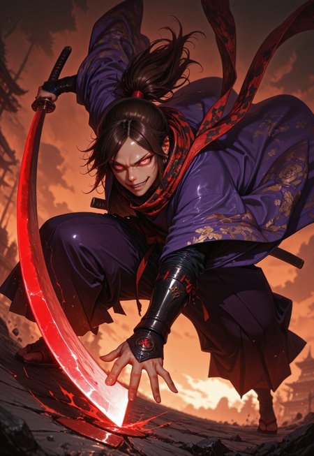 (fine fabric emphasis:1.2), (((masterpiece, amazing quality, best quality, ultra-detailed, 8K, illustration, amazing quality, newest, absurdres, realistic))), highres, very aesthetic, absurd res, hi res, very awa, dynamic angle, refined, volumetric lighting, cinematic lighting, blurry background, close up vivid colors, ((source_realistic:1.6)), hyper detailed, (dynamic pose:1.4), depth of field,

1girl, androgynous, solo, ponytail, long dark brown hair, glowing red eyes, slit pupils, evil smile expression, black and red checker patterned scarf, purple kimono, haori, hakama pants, katana, samurai fantasy battlefield, stormy sky, dynamic pose, intense lighting, detailed background, depth of field, dynamic composition, foreshortening, detailed background, dynamic pose, dynamic composition,dutch angle, detailed backgroud,foreshortening,blurry edges  