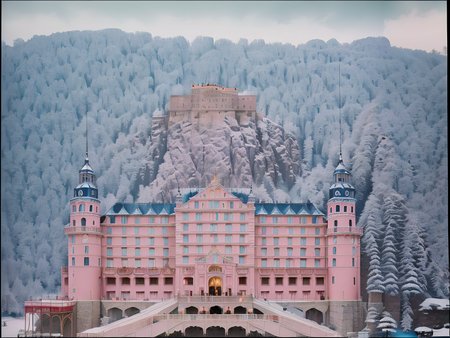 masterpiece, extremely high detail digital RAW color painting of a large pink building with a blue roof, style_wesandon ,<lora:epiNoiseoffset_v2:1>