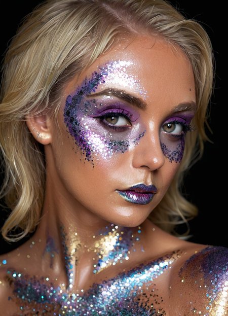 studio portrait of a woman, GlitterStyle, makeup, eyeshadow, mascara, black background, bodypaint, upper body, blonde hair, highly detailed, realistic, 
 <lora:GlitterStyle_sdxl:0.8>