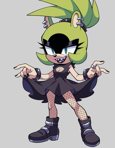 zPDXL, score_9, score_8_up, score_7_up, score_6_up, score_5_up, source_anime, 4k, absurdres, 1girl, solo,
<lora:Surge_v2mini_LoCon:0.8> surge the tenrec, (green fur), (black fur), two-tone fur, aqua eyes, black eyeshadow, long quills, shaded face, quills up, high ponytail,
sharp teeth,  petite, small breasts, gothic maiden wearing Dark doll attire with a tattered black chiffon dress, fishnet stockings, lace-up boots, Black lipstick, smokey eyes with dark eyeshadow, black eyeliner, pale skin, black nail polish,