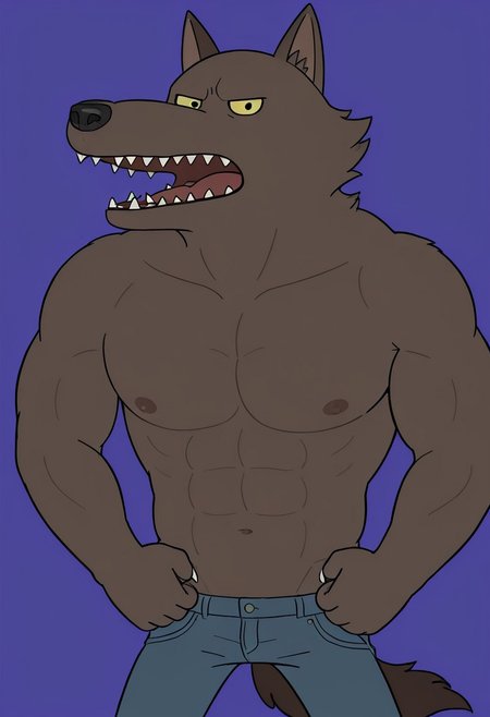 score_9_up, score_8_up, score_7_up, detailed, high quality, masterpiece, best quality, amazing quality, solo, male, anthro, w0lfman-bare-chest, werewolf, brown fur, yellow eyes, dark nose, teeth, muscles, abs, pecs, nipples, bare chest, skinny jeans, brown tail, half body, standing, looking at viewer neutral expression, open mouth, arms down, purple background.