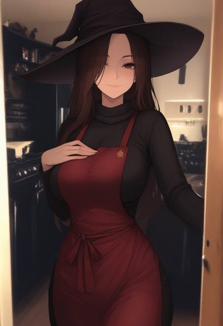masterpiece,best quality,amazing quality, PHTBG, photo background, 1girl, solo, brown hair, brown eyes, parted bangs, long hair, large breasts, witch hat, black sweater, red apron, black pants, looking at you, hand on own chest, smile, indoors, hat over one eye