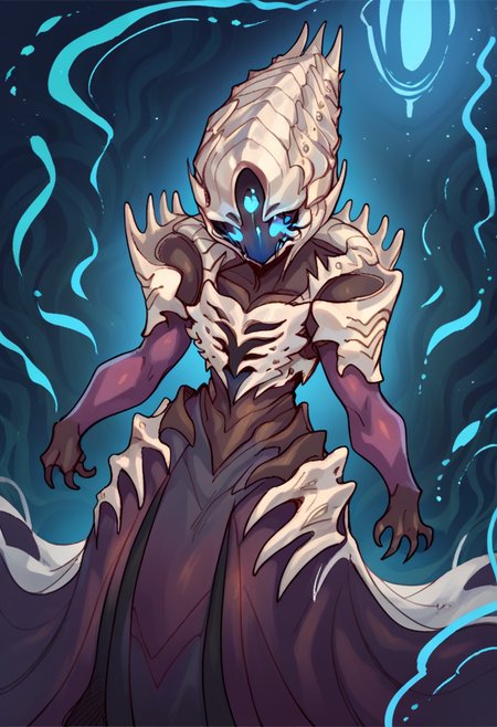 <lora:ExobeloStyle-000020:1>, score_9, score_8_up, score_7_up, source_anime, cute
<lora:D2LuzChan:0.9>, 1girl, solo, monster girl, D2LightWiz, 3eyes, white helmet, white armor, glowing blue eyes, claws, black skin, long dress,
standing, looking at viewer
