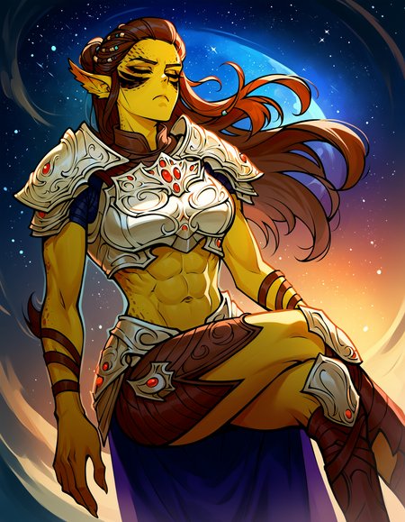 zPDXL2, source_anime,   outer_space, night sky, floating, crossed legs, 
 looking at viewer, closed eyes, frown, 
laezelxl, 1girl, solo, closed mouth, standing, medium breasts, yellow eyes, abs, single hair bun,  armor, 
<lora:laezelxl3-000006:1>