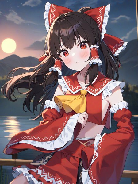 hakurei reimu,1girl,solo,looking at viewer,blush,skirt,black hair,red eyes,long sleeves,bow,ribbon,hair bow,frills,detached sleeves,wide sleeves,red bow,sleeves past wrists,ascot,hair tubes,moon,adapted costume,yellow ascot,outdoors, landscape, lake, 
<lora:ag31-momoimon_1-000040:1>,