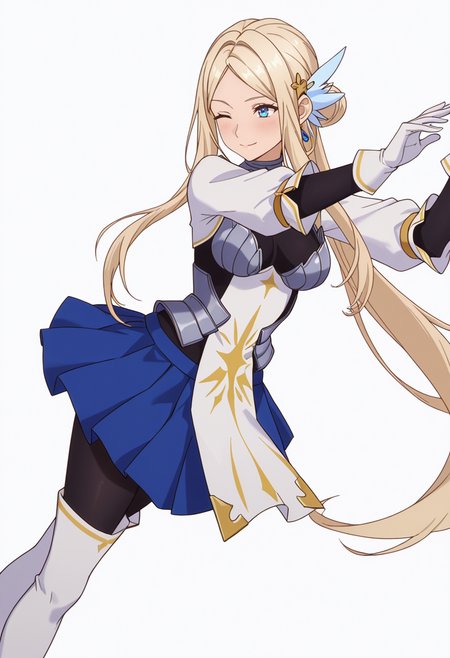 Smooth Quality,masterpiece,very intricate, high quality details, ultra realistic, high detailed skin,detailed enviorement,absurdres,
simple background, white background, dancing, solo,sideways,
 <lora:Krishna_CNR:0.8> krishna_cnr, 1girl,blonde hair,very long hair,single hair bun, sidelocks, parted bangs, blue eyes, breasts,white hair ornament, earrings,armor, breastplate, armored dress, blue skirt, pleated skirt,white gloves, black pantyhose,white thigh boots,, flustered,, ;),