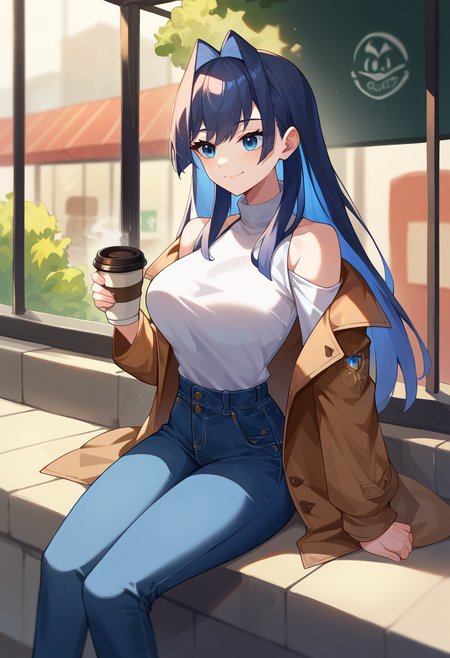 score_9, score_8_up, score_7_up, KroniiCasual, long hair, hair intakes, white turtleneck, shoulder cutout, brown coat, jeans, smile, sitting, outdoors, coffee shop, <lora:CHAR-OuroKroniiPonyXL:1>