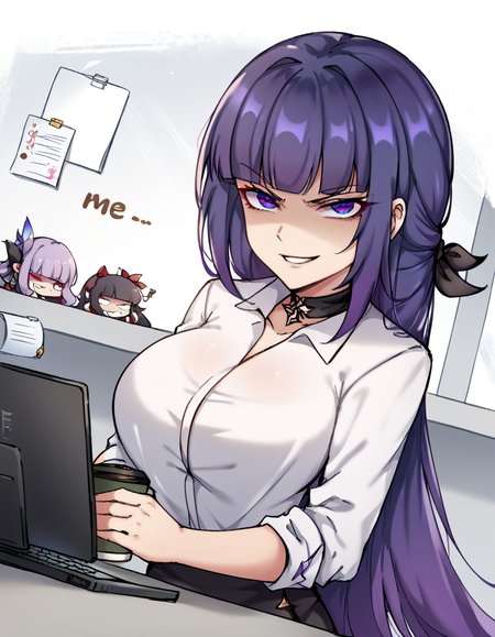 score_9, score_8_up, score_7_up, source_anime, <lora:raiden-mei-office-lady-ponyxl-lora-nochekaiser:1>, raiden mei, long hair, purple hair, bangs, purple eyes, blunt bangs, bangs, gradient hair, hair ribbon,, office lady, white shirt, shirt, pantyhose, skirt, black skirt, long sleeves, large breasts, choker, black choker, sleeves rolled up, home office, working from home, computer screen, coffee cup, focus, deadline, , <lora:just-as-planned-ponyxl-lora-nochekaiser:1> just as planned, just as planned (meme), meme, death note (object), parody, evil grin, evil smile, smirk, shaded face,, looking at viewer, solo,, dutch angle, cowboy shot