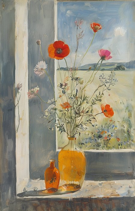 masterpiece,best quality,<lora:tbh241-sdxl:0.9>,illustration,style of Winifred Nicholson A bottle of perfume in garden