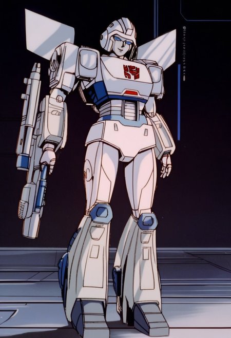score_9, score_8_up, score_7_up, animation, transformers, 1girl, robot, Decepticon, Tall, slim, Seeker, Starscream glowing eyes, blue eyes, large eyes, circular eyes, white armor, Forard swept wings, transforms into futuristic Stelth Mig Fighter Jet, full body, cowboy shot, smiling, holding null ray blasters, Decepticon Symbol, outer leg armour wrapped around legs (curvy, wider at bottom, knee joint)
 <lora:StarScream1.2:1>