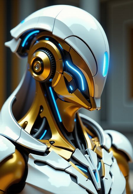in the style of ckfa, Photorealistic portrait of a faceless android warrior, forged with the elegant, advanced technology and aesthetic of the StarCraft Protoss. Shown in a graceful quarter view, head held high with a slight contemplative tilt. Features a sleek helmet design with a flowing, golden V-shaped crest converging towards a central energy point, crafted from polished white and gold alloys. The helmet's sides are perfectly smooth, curving elegantly backwards. A brilliant, steady blue psi-energy glows softly from the central point and fine, inscribed conduits tracing the helmet's surface. Extremely intricate neck and upper torso are visible, displaying seamlessly layered golden and white plates with precise, glowing blue energy seams, suggesting advanced power systems and perhaps integrated Khaydarin crystal matrices. The design emphasizes smooth curves and technological sophistication over exposed mechanics. Set against a serene, out-of-focus background hinting at Protoss architecture or a Xel'Naga temple. Clean, ethereal cinematic lighting emphasizing the polished surfaces and radiant energy glow, hyperrealistic textures, shallow depth of field.