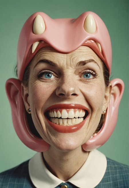 a 1950s women with exaggerated facial expressions wearing over-sized massive giant big teeth dentures,Walter Van Beirendonck