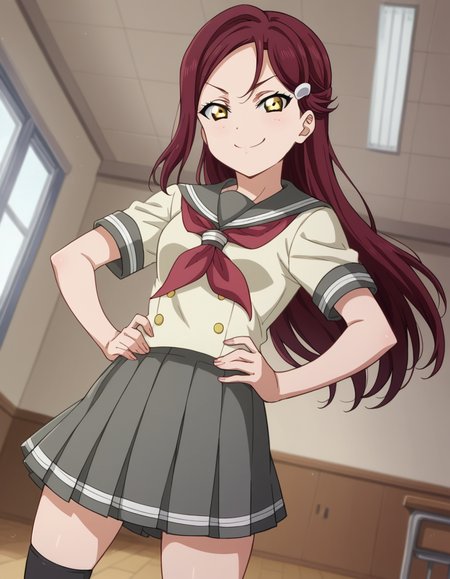 score_9, score_8_up, score_7_up, source_anime, <lora:riko-sakurauchi-s2-ponyxl-lora-nochekaiser:1>, riko sakurauchi, long hair, hair ornament, yellow eyes, red hair, hairclip,, skirt, school uniform, short sleeves, pleated skirt, serafuku, socks, neckerchief, kneehighs, black socks, red neckerchief, grey skirt, uranohoshi school uniform,, indoors, smug, smile, looking at viewer, solo, hands on hips,, cowboy shot, dutch angle