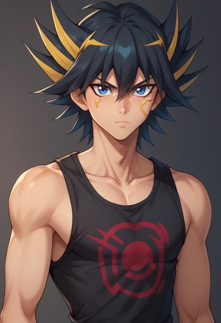 score_9, score_8_up, score_7_up, source_anime, highly detailed, 
yusei, 1boy, male focus, solo, blue eyes, multicolored hair, spiked hair, black hair,
blonde hair, serious, upper body, shirt, streaked hair, sleeveless, facial mark, closed mouth, sleeveless shirt, looking at viewer, tank top, hair between eyes, black shirt, print shirt,