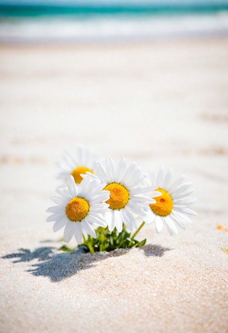 Bavarian ([Daisy:Daisies:2]:1.2) , Ceramic and Groovy, Rule of Thirds, Geeky beach, Hazy conditions, soft focus, Suffering, hard light, 50mm, professional, (sfw:1.1) <lora:picxer_real:0.8>