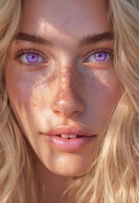 Stunning photo, beautiful woman, young, closeup, beautiful face, perfect oval face, Shiny lilac eyes, beautiful light skin with freckles, a loving stare, cute smile, looking longingly, long blonde hair, OverallDetail, Rainbowiridal palette eyes