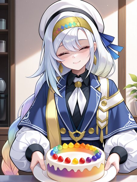 gradient_cake,gradient hair,artmegia finemelt,1girl,solo,smile,closed mouth,puffy long sleeves,white beret,gold hairband,blue capelet,white necktie,black collared shirt,blue dress,gold sash,indoors,shadow,rainbow_cake,rainbow gradient,head tilt,shaded face,cooking,looking at viewer,closed eyes,holding plate,gradient_food
masterpiece,best quality,amazing quality,very aesthetic,absurdres,newest,<lora:Artmegia finemelt illusXL v1.3:0.75>,