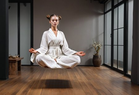 traditional media, hippie, boho, new age, natural, slender, 1girl,  busty, cross-legged lotus position,  levitate, lotus pose, magic, penthouse apartment ,  wooden floor, windows, loose white cotton kaftan, matte fabric texture,  black eyesockets, facepaint, ponytail, armlet, closed mouth,  barefoot,dark, night, oil painting, artwork  by egon schiele and ridley scott  and Jan Vermeer, sidelight, perfect face
 <lora:Witch_SDXL_r1:0.5> w1+ch, <lora:Dramatic Lighting Slider:0.9> <lora:Breast Size Slider:1.5>
 <lora:levitate-PNY-SDXL-SD15-Panache:1.1>