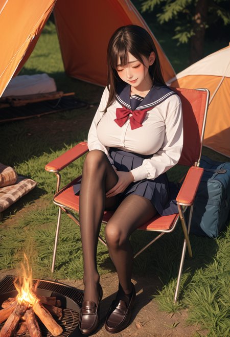 ,ruanyi1256,outdoors,campfire,tent,grill,
school uniform,pleated skirt,black pantyhose,loafers,chair,sitting,masturbation through clothes,orgasm,blush,leg up,<lora:1256 camping_v1_pony:0.8>, score_9, score_8_up, score_7_up, score_6_up, score_9, score_8_up, score_7_up, score_6_up source_anime, blush, 1girl, seduce smile, perfect body , natural huge breasts