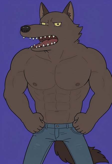 score_9_up, score_8_up, score_7_up, detailed, high quality, masterpiece, best quality, amazing quality, solo, male, anthro, w0lfman-bare-chest, werewolf, brown fur, yellow eyes, dark nose, teeth, muscles, abs, pecs, nipples, bare chest, skinny jeans, brown tail, half body, standing, looking at viewer neutral expression, open mouth, arms down, purple background.