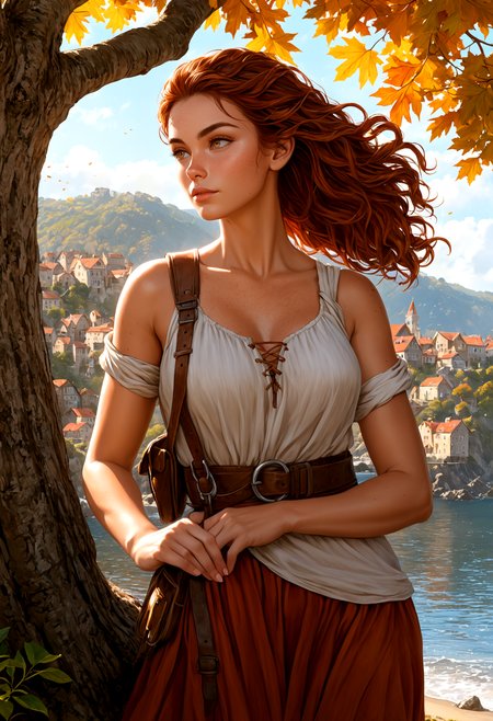 (photorealism:1.5)
female adventurer,  thoughtful expression, gazing at the majestic tree, falling leaves,  calm coastal village in the background, warm sunlight, vibrant colors, high contrast, hyper-realistic, serene atmosphere, pensive pose, detailed, high-definition, reflective mood, peaceful setting
slight freckles, long eyelashes, thick eyebrows,