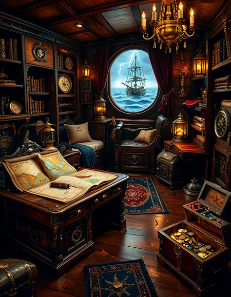 <lora:Captain_c4b1n:1>,Captain c4b1n
A richly detailed pirate captain's cabin aboard an 18th-century wooden ship. The room is dimly lit by flickering candlelight and a hanging oil lantern, casting warm golden glows on the dark oak walls. An ornate wooden desk sits at the center, covered with ancient, weathered maps, a golden compass, and scattered quills with ink bottles. A large, curved window at the back reveals the vast ocean under a moody, cloudy sky, with faint moonlight seeping in.
To the right, a massive wooden bookshelf filled with leather-bound books, nautical charts, and mysterious artifacts, some covered in dust. On the left, a polished mahogany chest with intricate carvings, partially open, revealing gold coins and shimmering gemstones. A grand captain's chair, upholstered in deep red velvet, sits behind the desk, exuding authority and power.
The wooden floor is rugged and slightly uneven, adorned with an old tattered rug. A cutlass and a flintlock pistol rest casually on the desk, while a pirate hat with a large feather hangs on the wall beside a mounted shipâs wheel. The atmosphere is both eerie and majestic, evoking the spirit of adventure and the mysteries of the sea.
<lora:SDXLFaeTastic2400:0.4> <lora:extremely_detailed:0.4> extremely detailed, Masterpiece,best quality,hi res,8k,hi res,8k,award winning,(sharp focus, intricate, highly detailed),