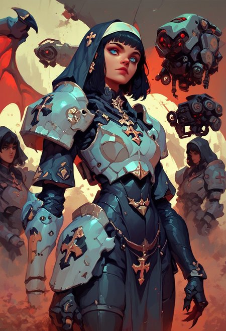 score_9, score_8_up, score_8_up, Battle nun, portrait, blue eyes, black hair, beautiful, long legs, mech armor, demonic