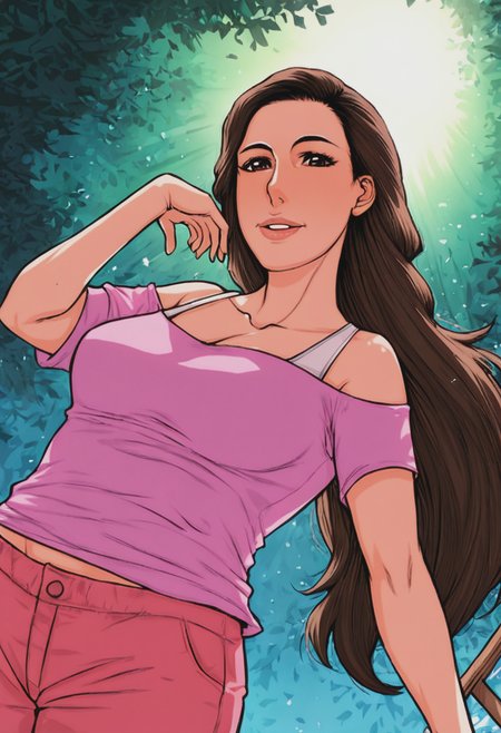 score_9, score_8_up, score_7_up, source_cartoon, 1girl, large_breasts, mature_female, solo, looking_at_viewer, open_eyes, Pretending to paddle a canoe, from_below, Pink tankini, very long hair, beehive, Chestnut Brown hair, arena, upper_body, rating_safe, <lora:pony\artist_styles\yamaoka_koutetsurou_pony:1.0>