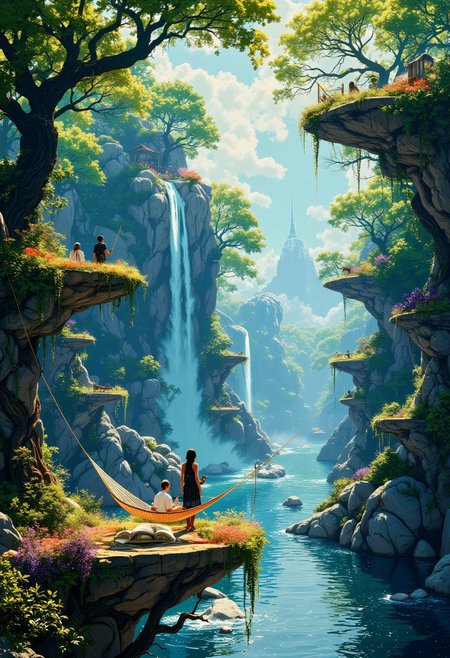 The Opalescent Horizon Grove
A weightless biosphere, where tree-covered platforms hover over an endless mirror lake, reflecting the soft glow of the opal-colored sky. Intricately woven vines curl around suspended hammocks of glowing silk, while waterfalls cascade gently from floating cliffs, dissolving into mist before they touch the ground. Massive quartz-like sculptures, etched with golden filigree, pulse softly, resonating with the unseen music of the cosmos. The air is thick with the aroma of fresh rain, wild honeysuckle, and warm petrichor, while the distant hum of soft synth harmonics drifts through the grove.