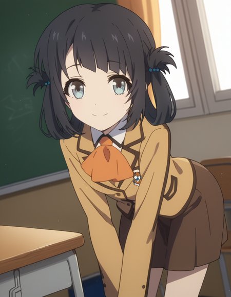 score_9, score_8_up, score_7_up, source_anime,
miunashiodome, <lora:miuna-shiodome-s1-ponyxl-lora-nochekaiser:1>,
miuna shiodome, long hair, blue eyes, black hair, twintails, hair rings, folded hair,
skirt, school uniform, socks, blazer, neckerchief, long sleeves, brown skirt, brown blazer,
indoors, classroom, bent over, smile,
looking at viewer, cowboy shot, dutch angle, solo,
