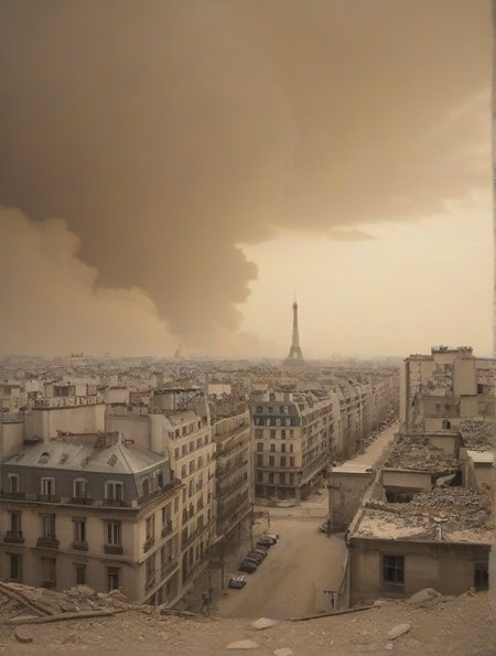 post apocalyptic photography of destructed city of Paris in France, as a desert, with a sandstorm in background, building destroyed,