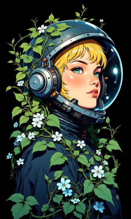 A vibrant, modern art style which features a blonde woman bust,her head prominently displayed at the center of the composition. The bust is encased in a futuristic, metallic space suit and helmet with a large, transparent visor that covers the upper part of the head.
Surrounding the head and helmet is a lush, green vine that wraps around the base and extends upwards, partially concealing the helmet. The vine is filled with small, gradient light blue flowers, adding a touch of color and life to the otherwise dark and eerie scene. The background is a deep, dark black, which contrasts sharply with the vibrant colors of the womans head and the flowers, making them stand out prominently.
The overall texture of the image is smooth and polished, with a high level of detail in both the womans head and the helmet. The combination of the bust, the suit, the helmet, and the organic elements creates a striking, almost paradoxical juxtaposition of the natural and the artificial.
BREAK j_art, <lora:FLUX\jul\J_Anime:1.0>, <lora:FLUX\RetroAnimeS1.1:0.0>, <lora:FLUX\GLSHS:0.0>, <lora:FLUX\Dieselpunk Delight - s0_9 g4:0.0>