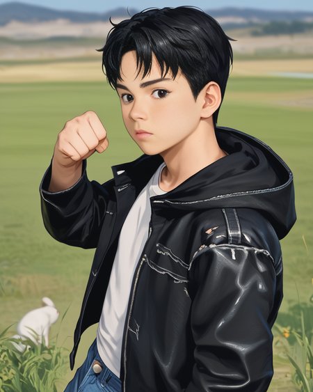 score_9, score_8_up, score_7_up, Korean, <lora:Cute_Cartoon_ArtStyle:1>,  ((handsome young cute man:1.2, light skin)),
tae_dong, skinny, torn shirt, leather jacket, hooded jacket, jeans, black hair, black eyes, rabbit,surrounded, blocking, hand up, clenched fist, grass, nature, outdoors, cuddling, looking at viewer, dynamic action, male focus, 1boy, solo, cowboy shot, from side, depth of field, masterpiece, best quality, amazing quality, very aesthetic, absurdres, newest, very awa, shadow, dynamic angle,  <lora:tae_dong-000018:1>