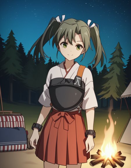 score_9, score_8_up, score_7_up, source_anime, <lora:kacolle-zuikaku-s1-ponyxl-lora-nochekaiser:1>, zuikaku, long hair, ribbon, twintails, green eyes, hair ribbon, zuikaku (kancolle), skirt, japanese clothes, muneate, red skirt, pleated skirt,, camping, bonfire, tent, stargazing, marshmallows, forest clearing, night, , , smile, from above,, solo,, cowboy shot, dutch angle